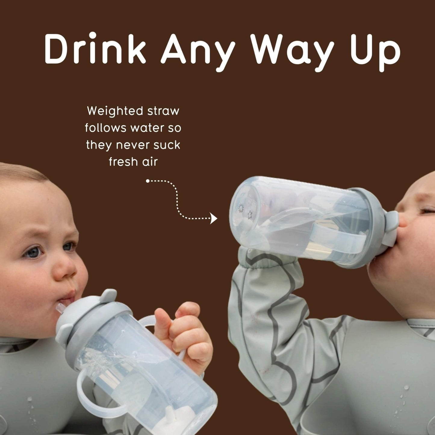 Two babies wearing gray bibs are shown drinking from translucent sippy cups with weighted straws against a dark brown background with marketing text.