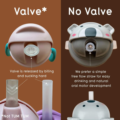 A comparison graphic for a koala-shaped sippy cup lid, showing two options side by side: 'Valve' with a clear valve and straw, and 'No Valve' with a free-flow straw. The left side has a brown background and shows the valve being released by biting and sucking.