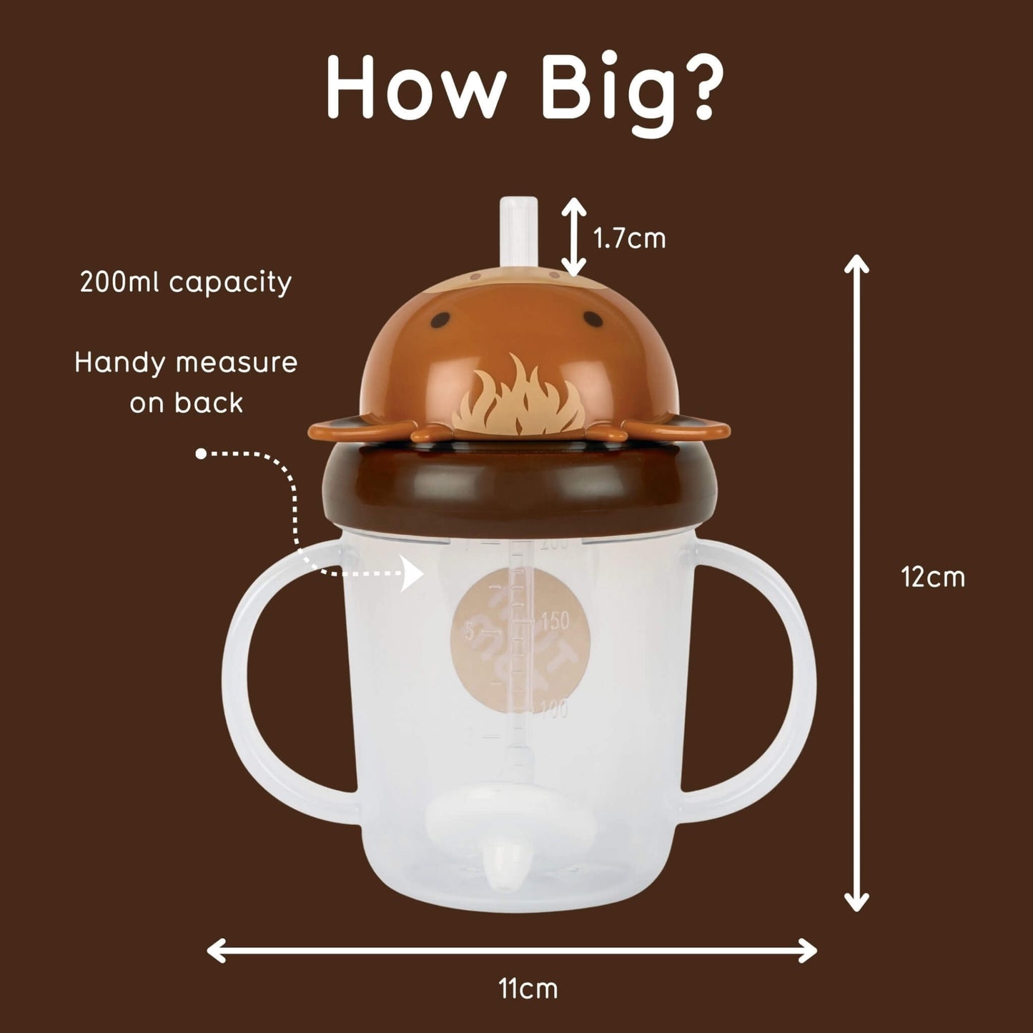 A sippy cup with a lid and straw shown on a brown background with measurement labels and arrows indicating dimensions: 12 cm tall, 11 cm wide, and 1.7 cm straw opening.