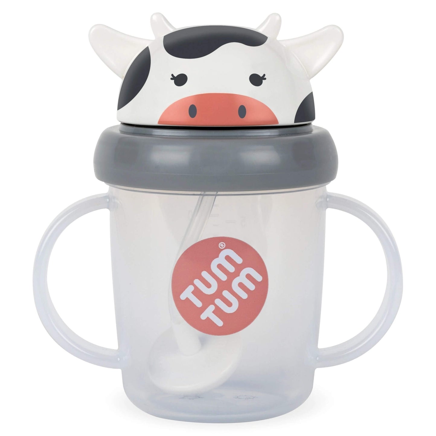 A clear plastic sippy cup with two handles, a grey lid, and a cow-themed lid featuring a white and black cow face with a pink nose. A straw is inside, and a red circular 'TUM TUM' logo is printed on the front.
