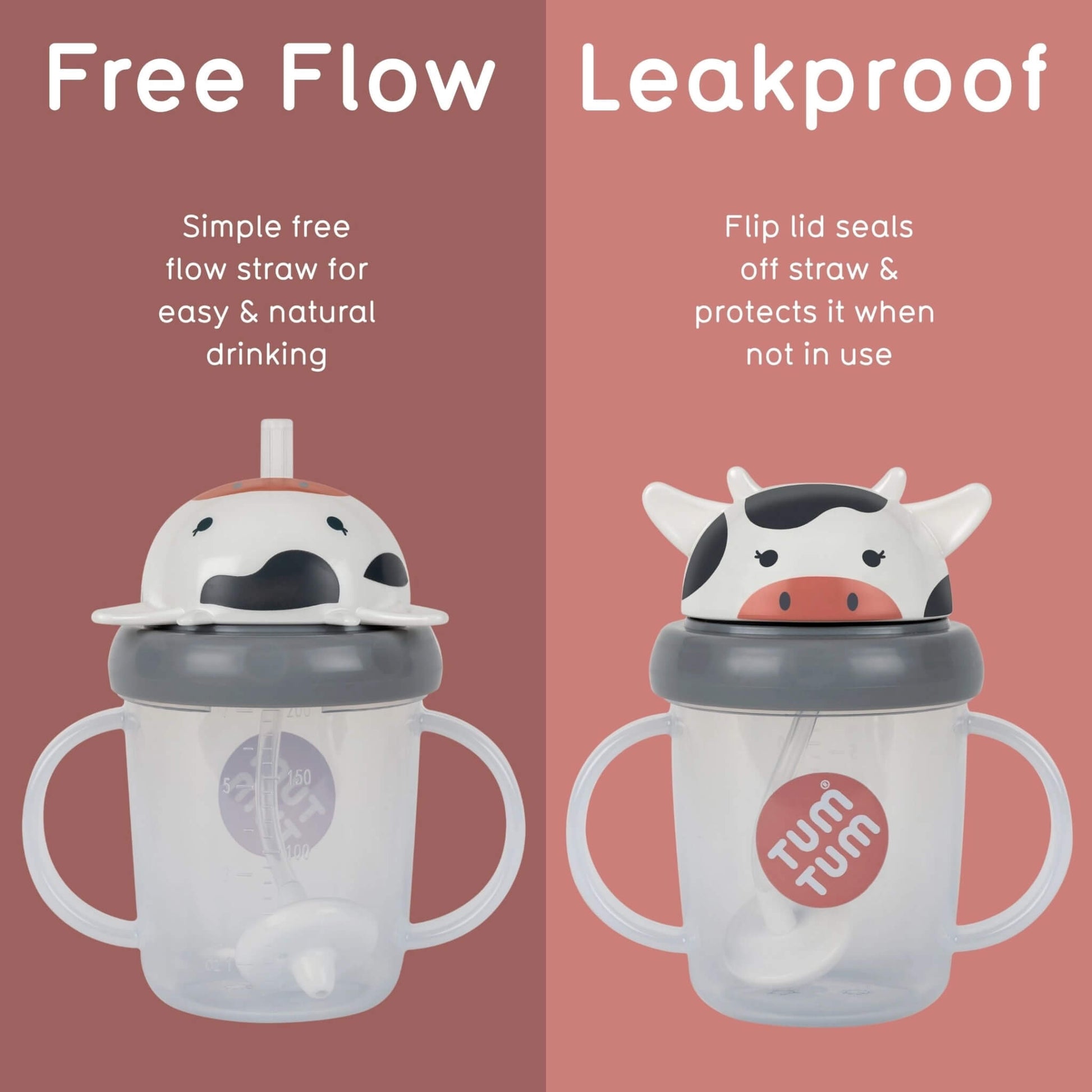 Two Tum Tum sippy cups side by side on a dusty pink background, labelled 'Free Flow' and 'Leakproof'. The left cup has a simple cow-face lid with a free-flow straw, and the right cup has a cow-face lid with a flip lid seal.