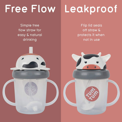 Two Tum Tum sippy cups side by side on a dusty pink background, labelled 'Free Flow' and 'Leakproof'. The left cup has a simple cow-face lid with a free-flow straw, and the right cup has a cow-face lid with a flip lid seal.