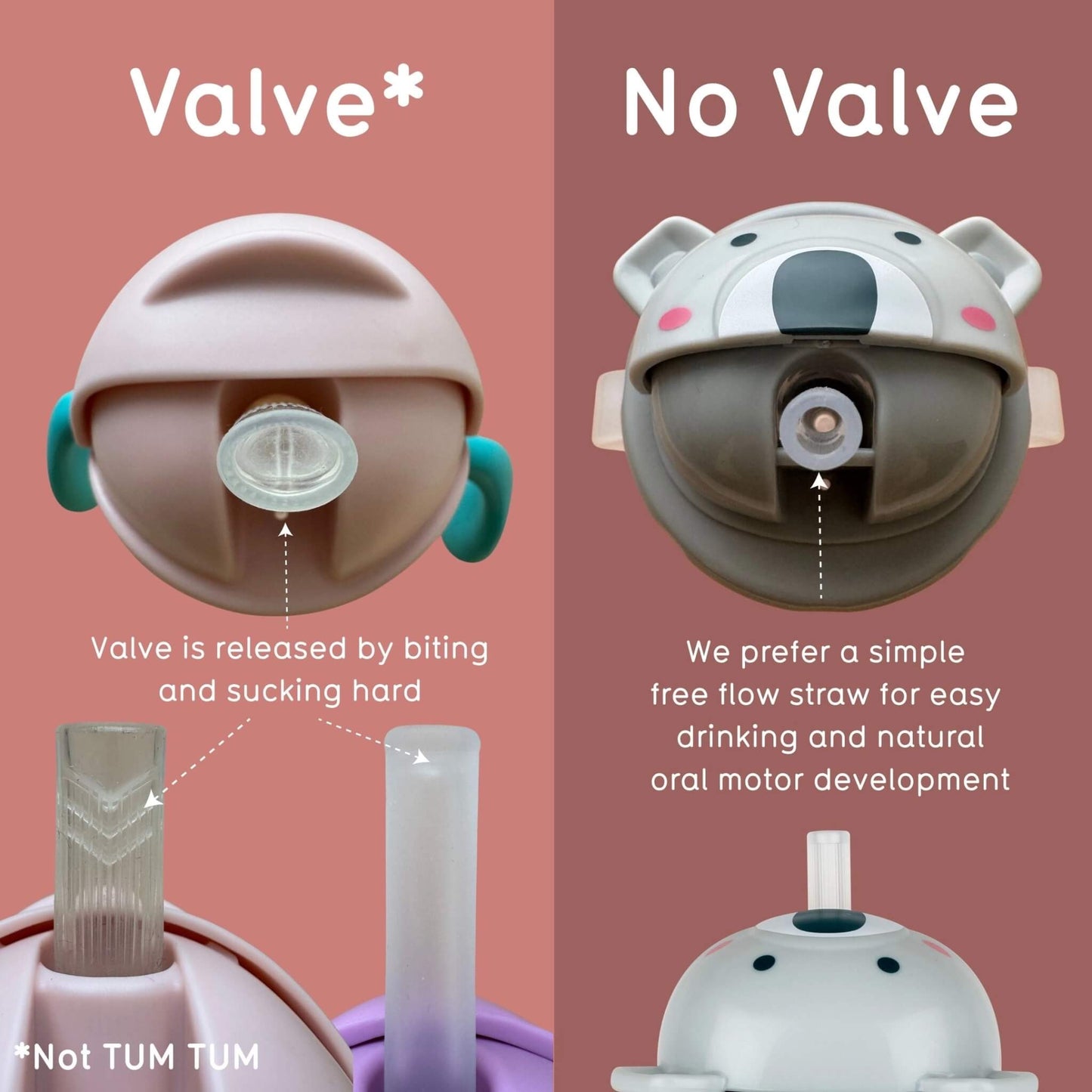 A comparison graphic of valved and valve-free toddler drinking straws, showing the free-flow straw designed for easier drinking.