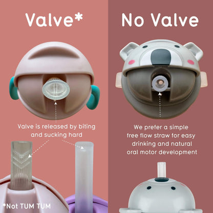A comparison graphic of valved and valve-free toddler drinking straws, showing the free-flow straw designed for easier drinking.