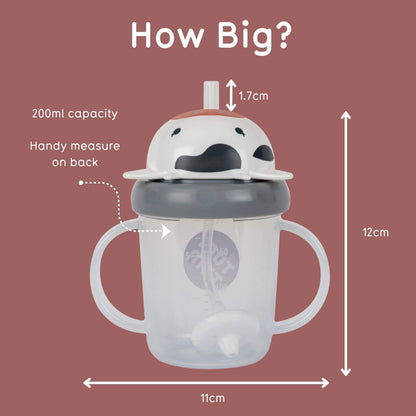 A baby sippy cup with handles and a spout straw on a dusty rose background, labeled with dimensions and capacity text: 12cm tall, 11cm wide, 1.7cm straw opening, 200ml capacity, and a handy measure on the back.