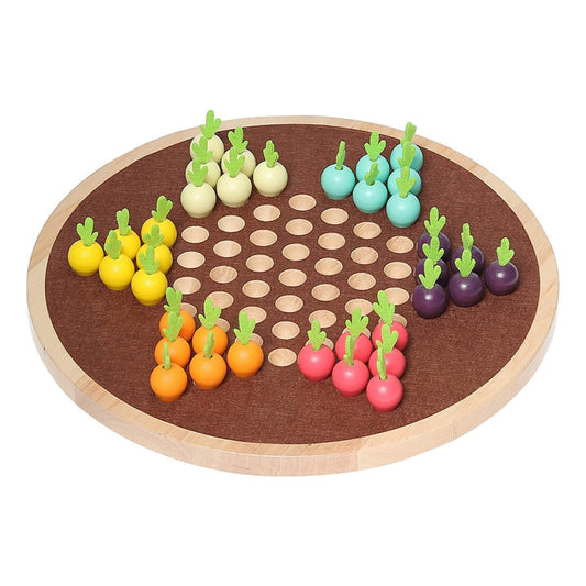 Vilac A Trip Across the Vegetable Garden game showing a round wooden board with colourful vegetable-shaped pieces arranged in starting positions.