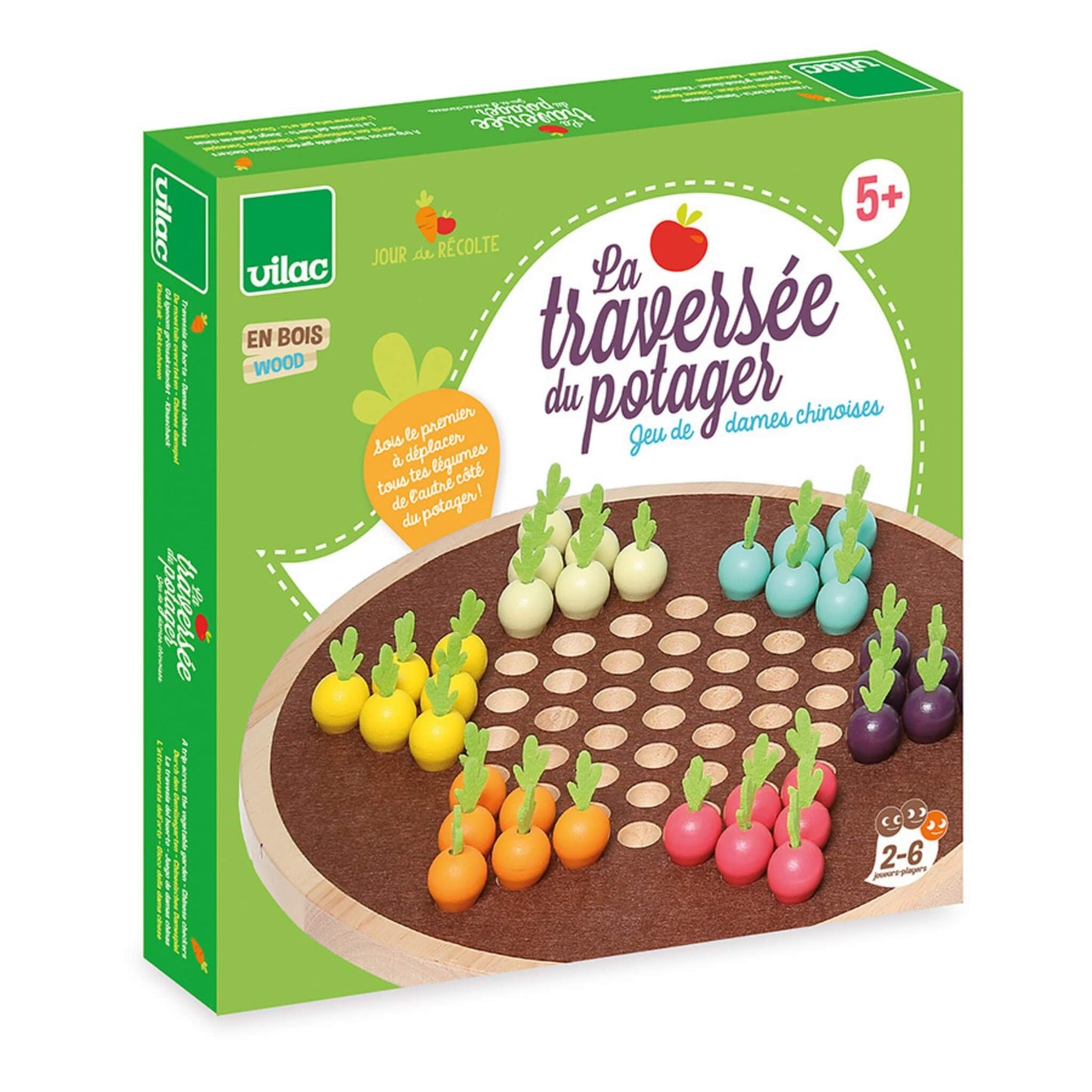 The box packaging of a wooden board game showing colourful vegetable-shaped pieces arranged on a circular board.