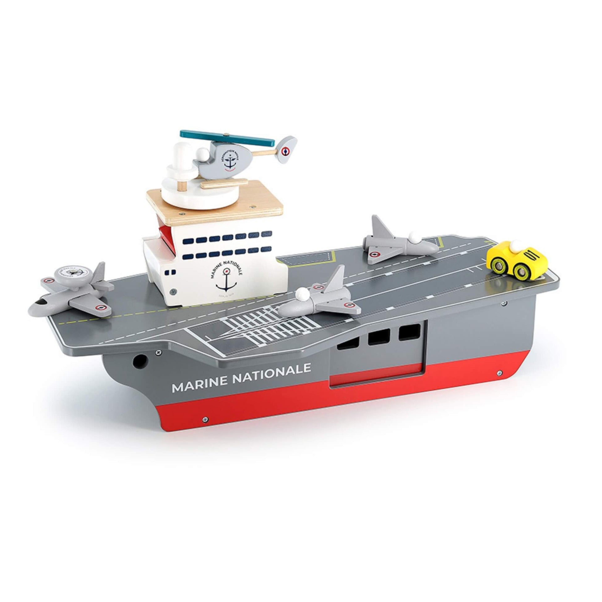 A Vilac Aircraft Carrier wooden toy painted grey and red with “Marine Nationale” text, featuring three aircraft, a helicopter, and a yellow deck vehicle.