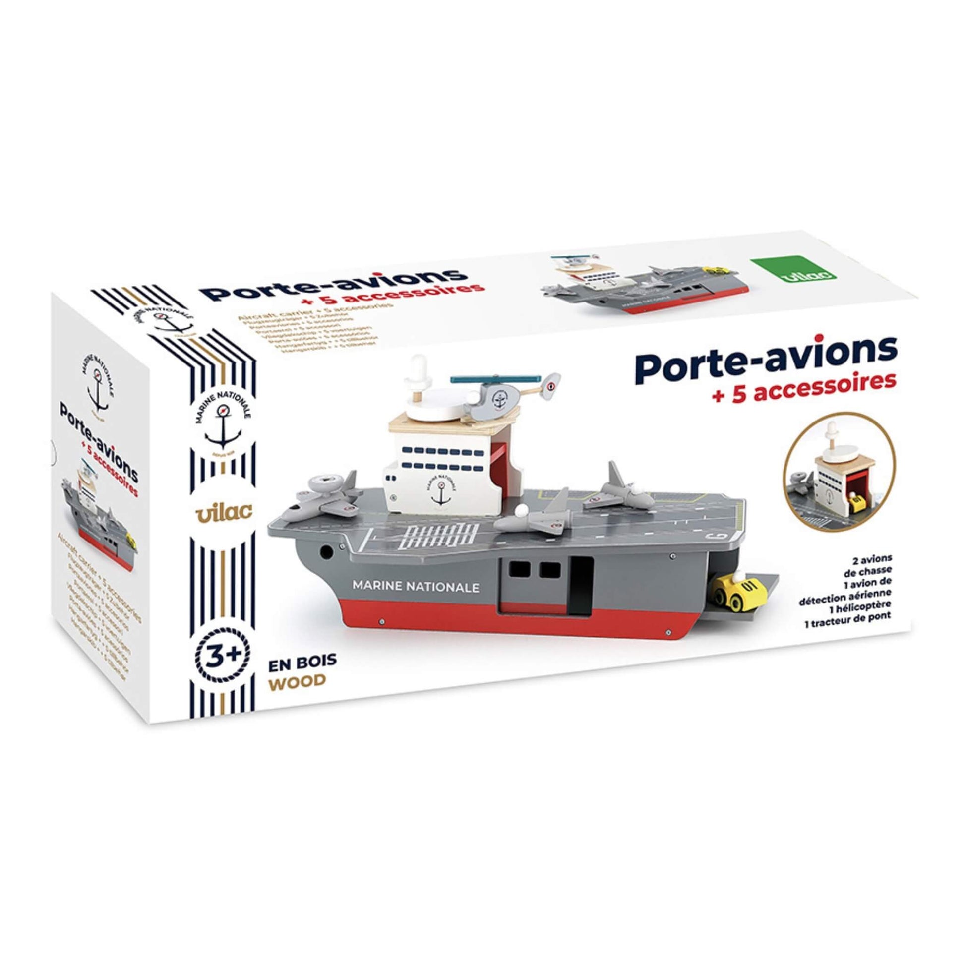 A boxed wooden aircraft carrier toy with product image on the front and text in French listing included accessories.