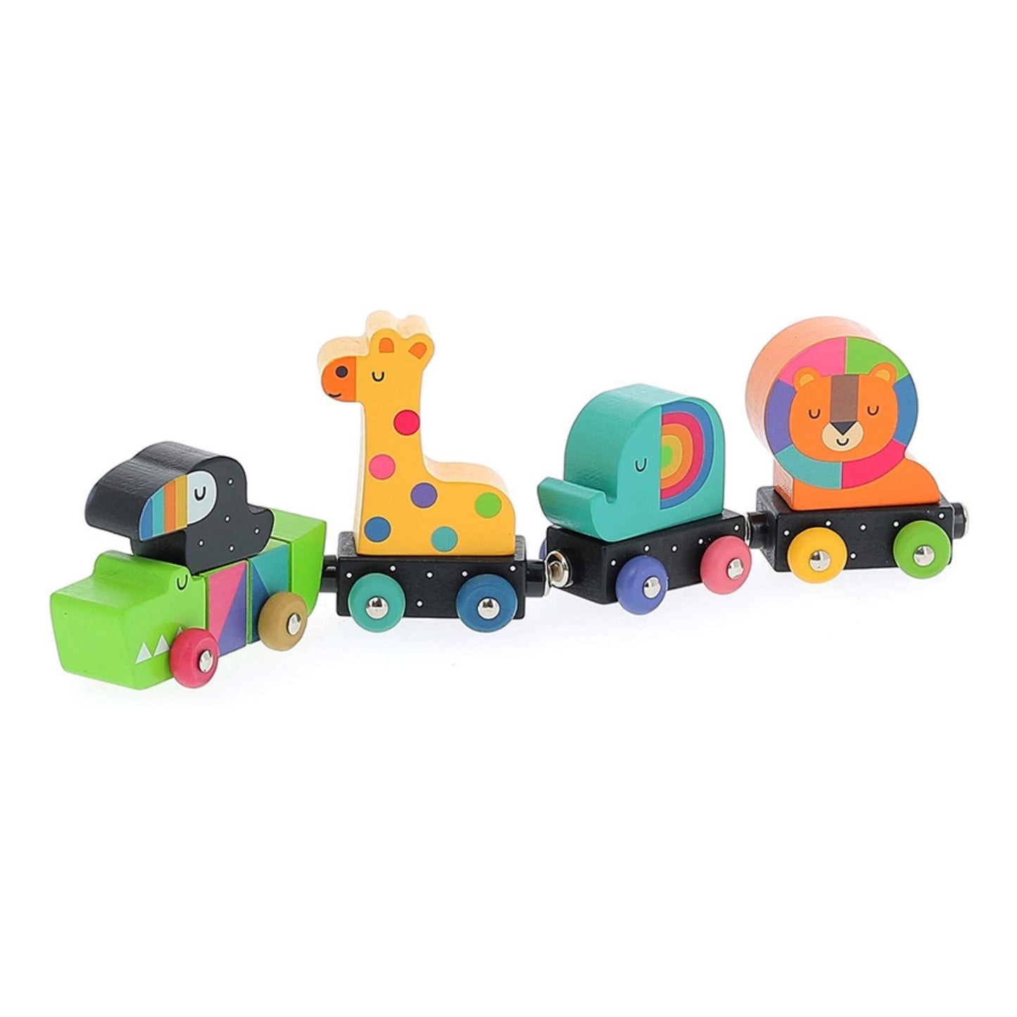 Vilac Andy Westface Animals Train featuring four colourful wooden carriages shaped as a crocodile with toucan, giraffe, elephant, and lion.