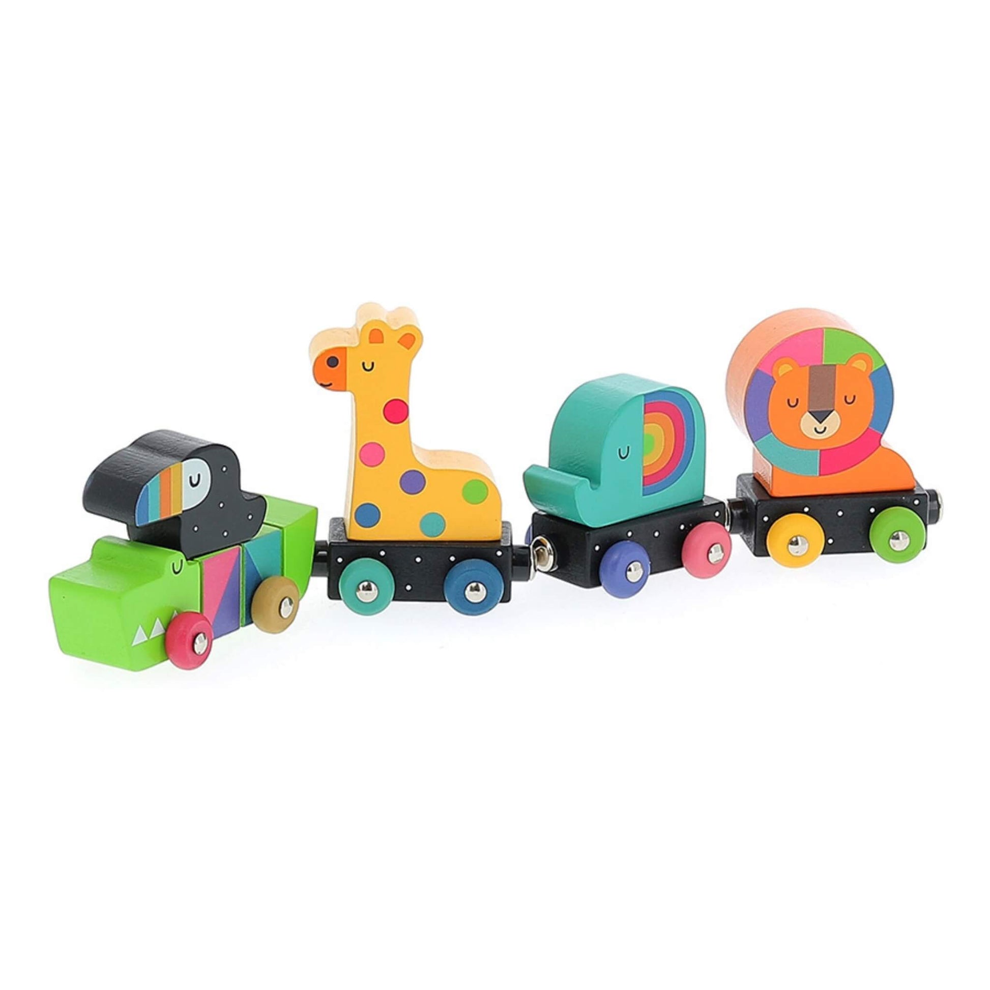 Vilac Andy Westface Animals Train featuring four colourful wooden carriages shaped as a crocodile with toucan, giraffe, elephant, and lion.
