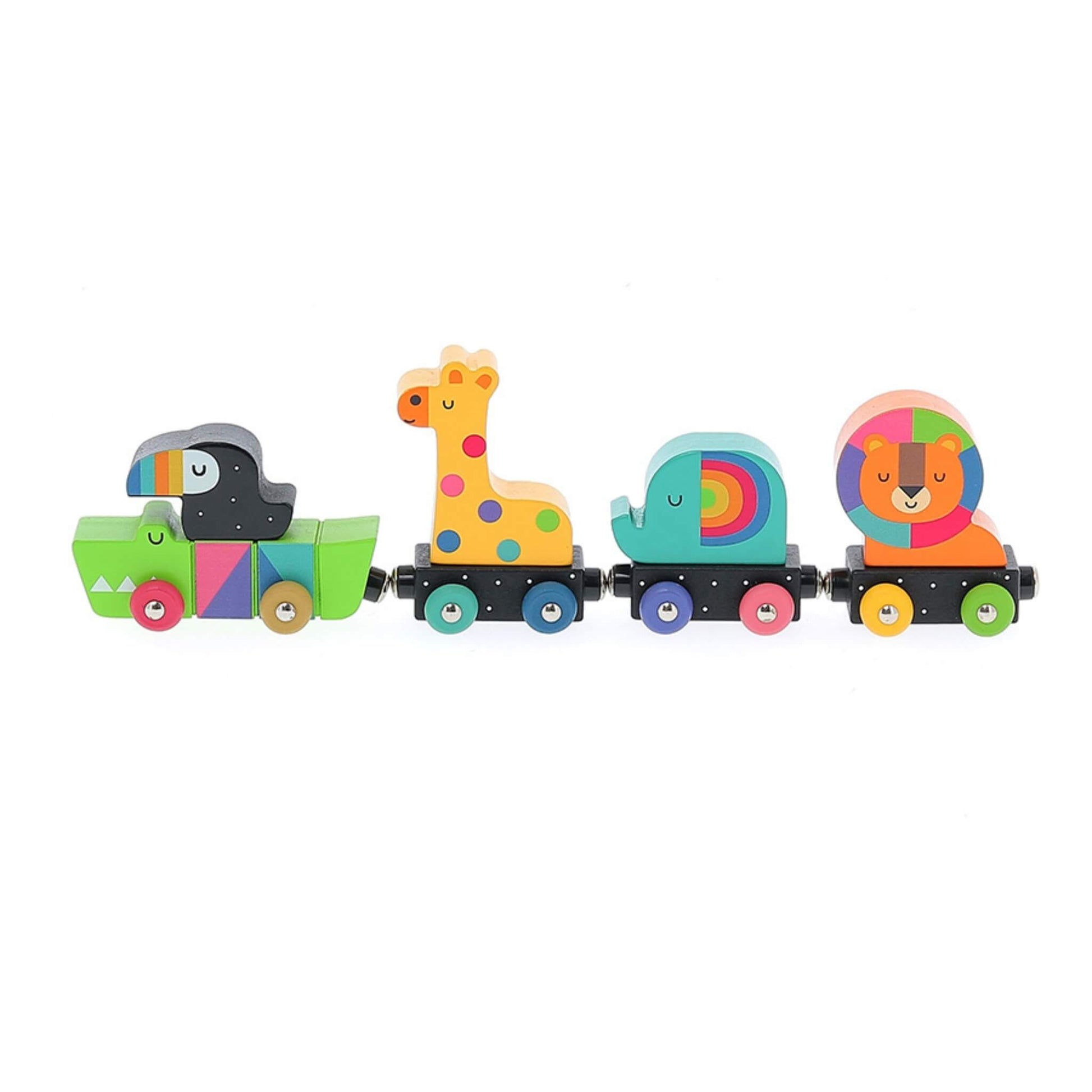 Four connected wooden animal train carriages with a crocodile and toucan at the front, followed by a giraffe, elephant, and lion.