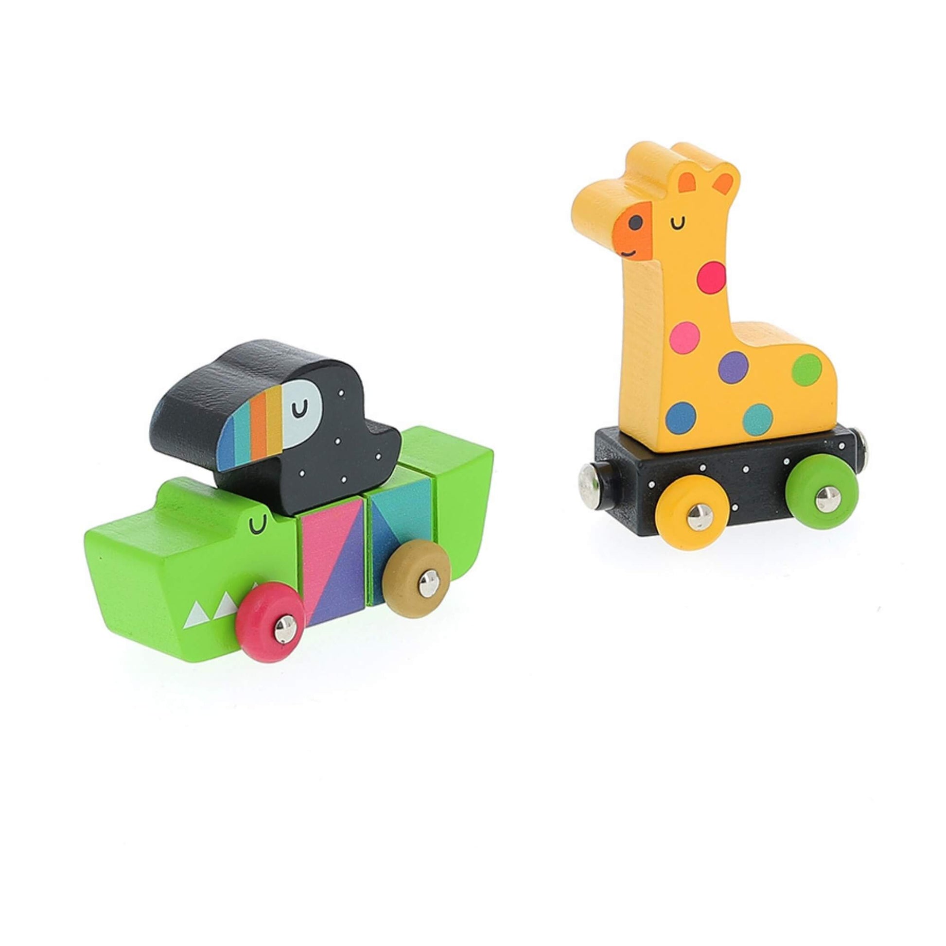 Two wooden train carriages, one with a crocodile and toucan, the other with a giraffe.