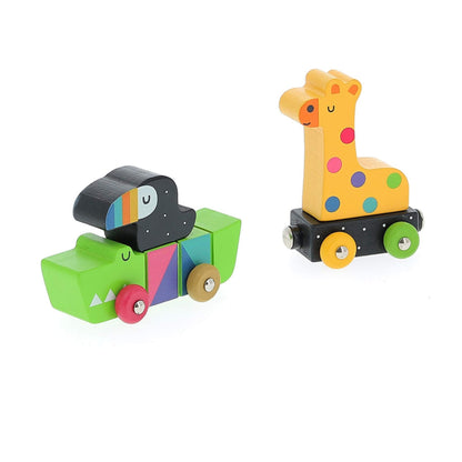 Two wooden train carriages, one with a crocodile and toucan, the other with a giraffe.