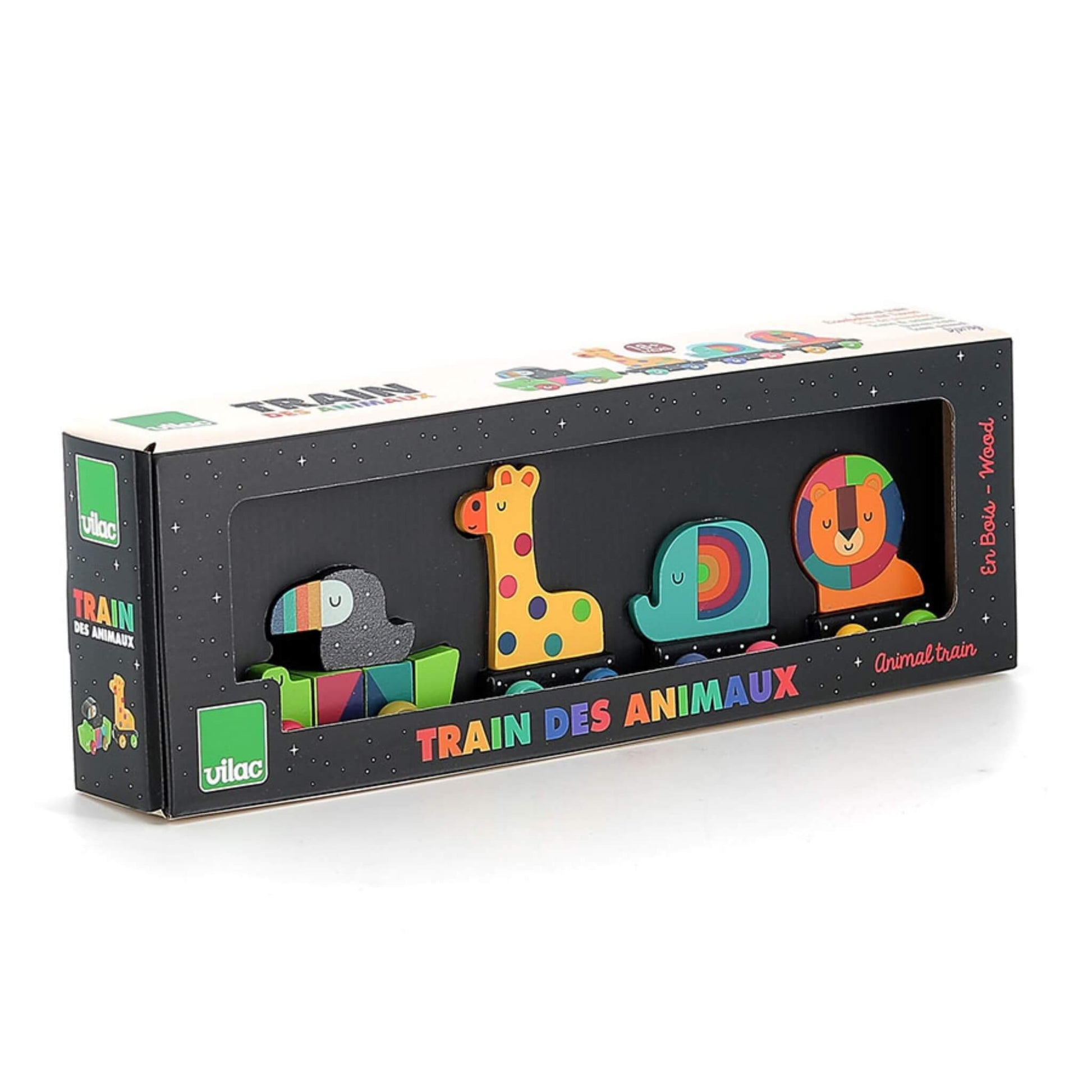 Boxed wooden animal train set containing a crocodile with toucan, giraffe, elephant, and lion displayed in a black packaging with clear window.
