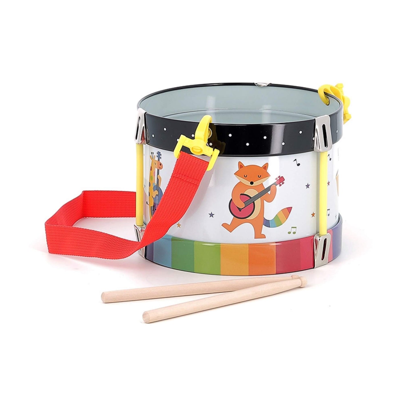 Vilac Andy Westface Metal Drum with red strap, colourful animal illustrations, and two wooden drumsticks.