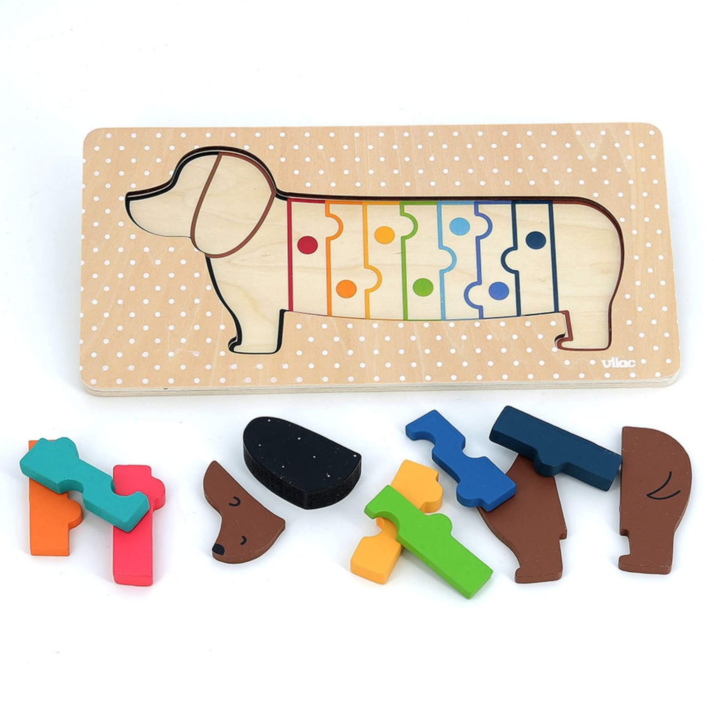 A wooden dachshund puzzle with the pieces removed, showing the outlined slots and coloured placement guides on the base, with the separate puzzle pieces laid around it.