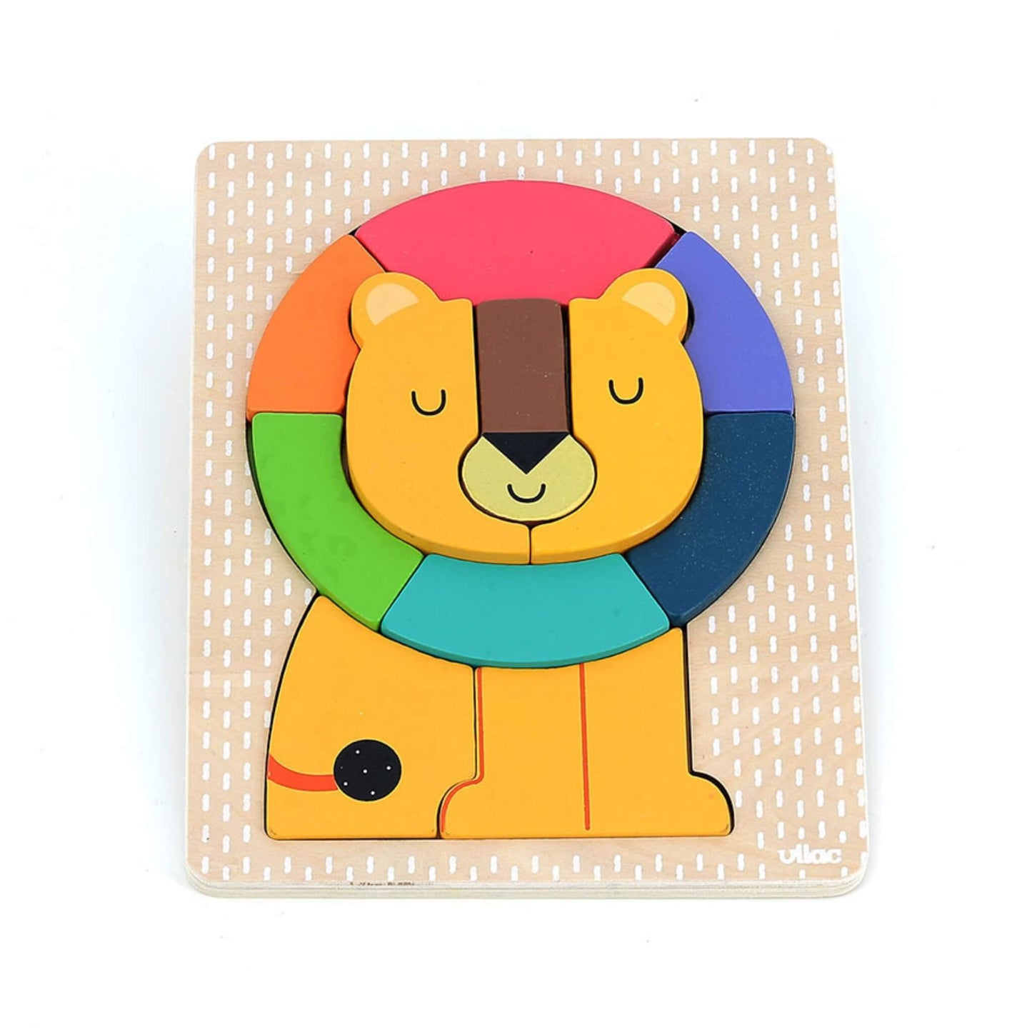 Vilac Andy Westface Wooden Puzzle Lion with colourful mane pieces assembled on a wooden base.
