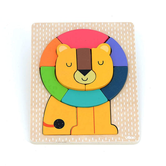 Vilac Andy Westface Wooden Puzzle Lion with colourful mane pieces assembled on a wooden base.