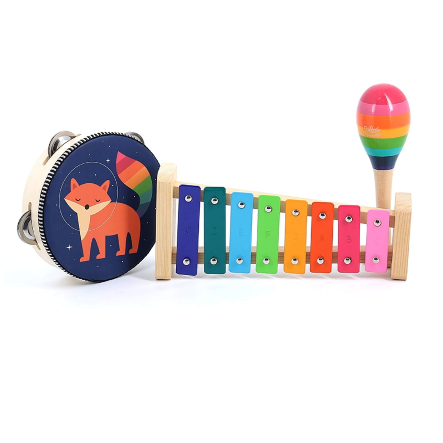 Vilac Andy Westface Rainbow Music Set with a tambourine, rainbow xylophone, and striped maraca.