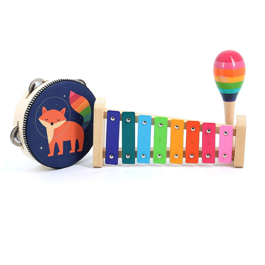 Vilac Andy Westface Rainbow Music Set with a tambourine, rainbow xylophone, and striped maraca.