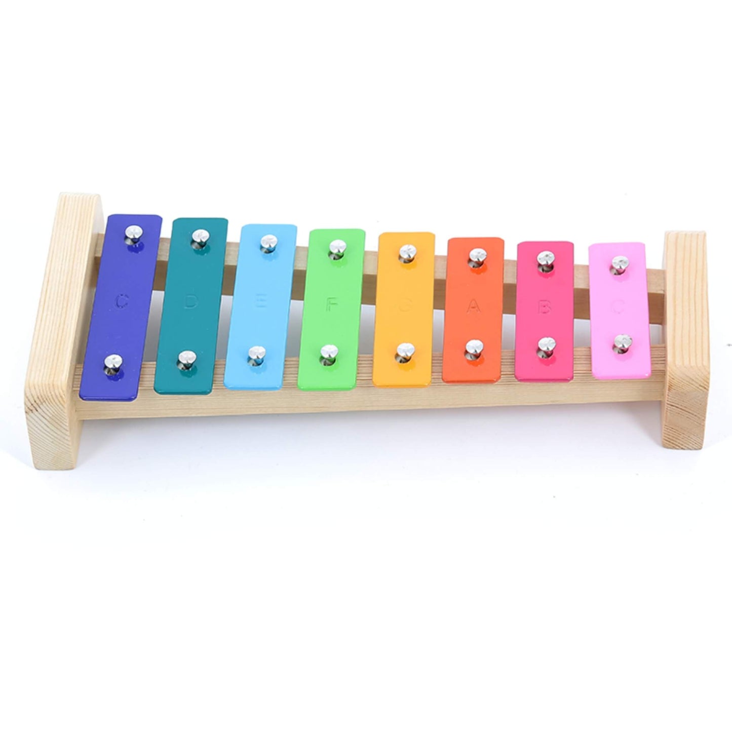 A rainbow-coloured xylophone with ten metal keys on a wooden frame, each marked with a musical note.