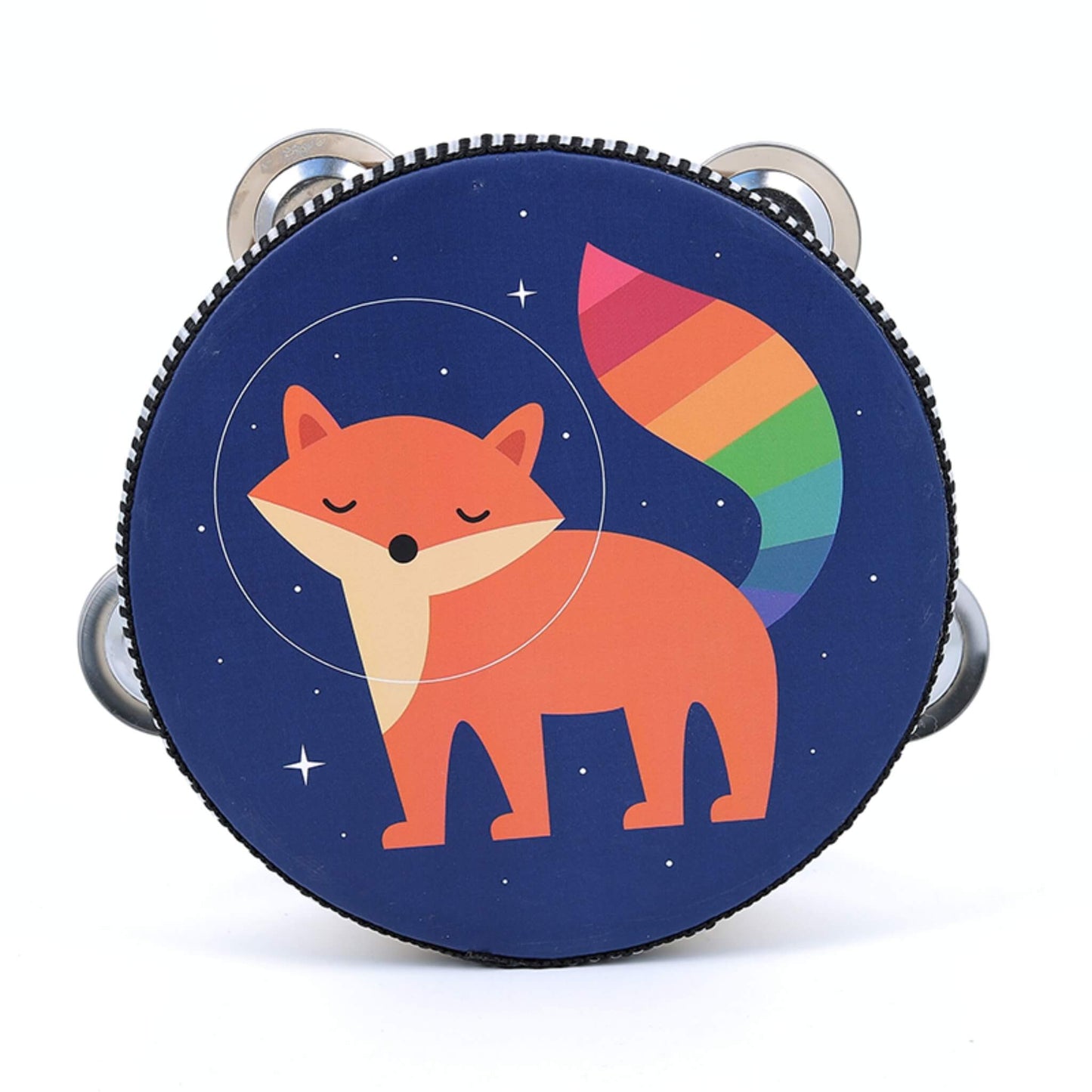 A tambourine with a blue surface featuring an illustration of a fox with a rainbow-striped tail, surrounded by small stars.