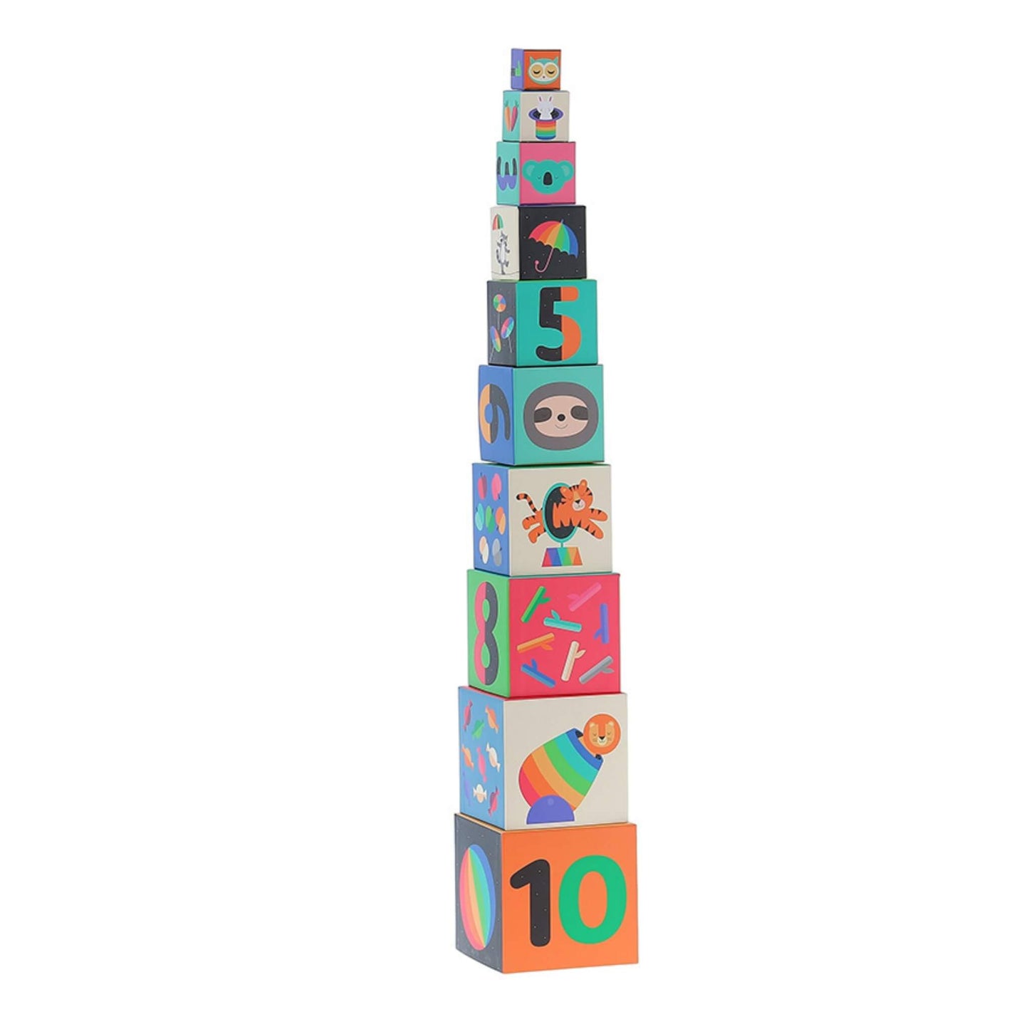 Vilac Andy Westface Rainbow Stacking Cubes arranged in a tall tower from largest to smallest cube.