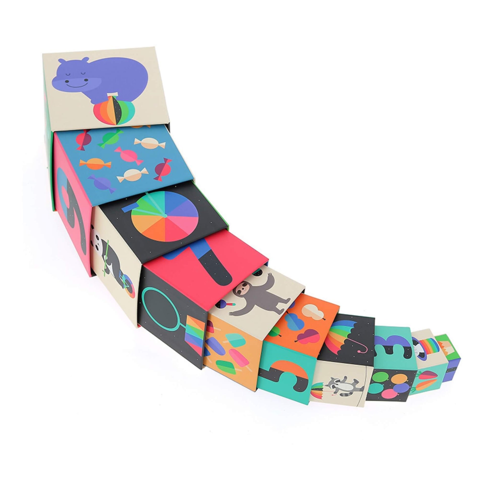 Ten illustrated stacking cubes laid out in a curved line from largest to smallest, showing different numbers, animals, and colourful patterns.