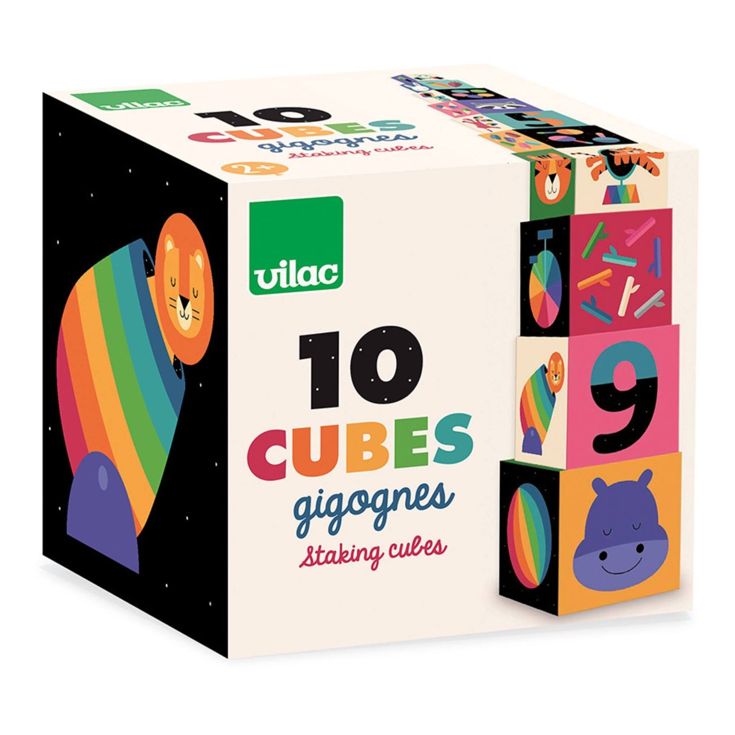 Product packaging for a set of ten stacking cubes, with illustrations of a rainbow lion, hippopotamus, and cube designs displayed on the box.