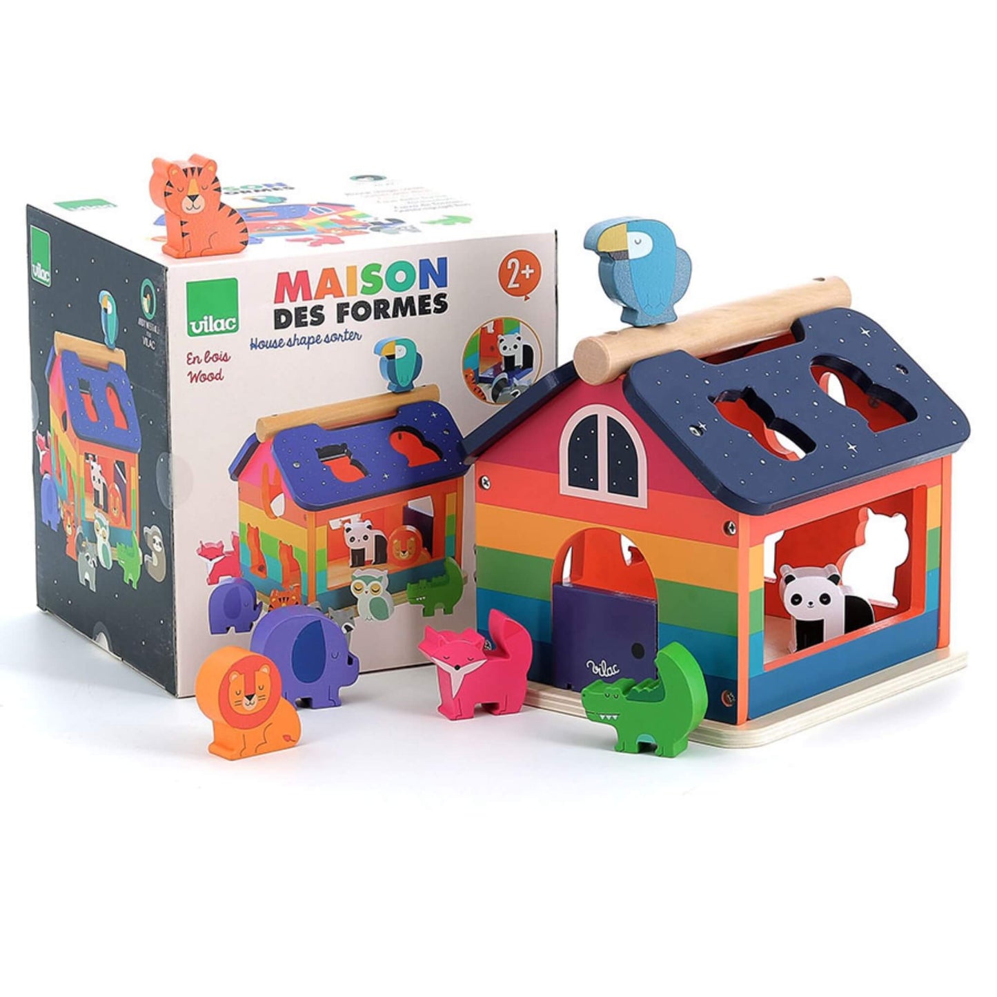 A rainbow-coloured wooden shape sorter with animal blocks, including lion, fox, and crocodile, displayed alongside its packaging 