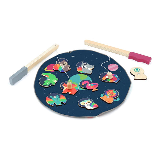 Vilac Andy Westface Space Fold Away Fishing Game set out with two wooden fishing rods and colourful magnetic animal pieces on a dark space-themed play mat.