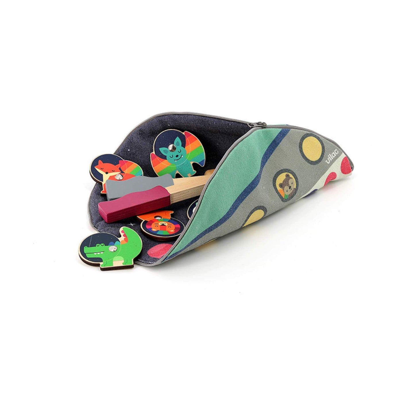 A zip-open fabric case revealing wooden fishing rods and brightly illustrated magnetic animal pieces inside.