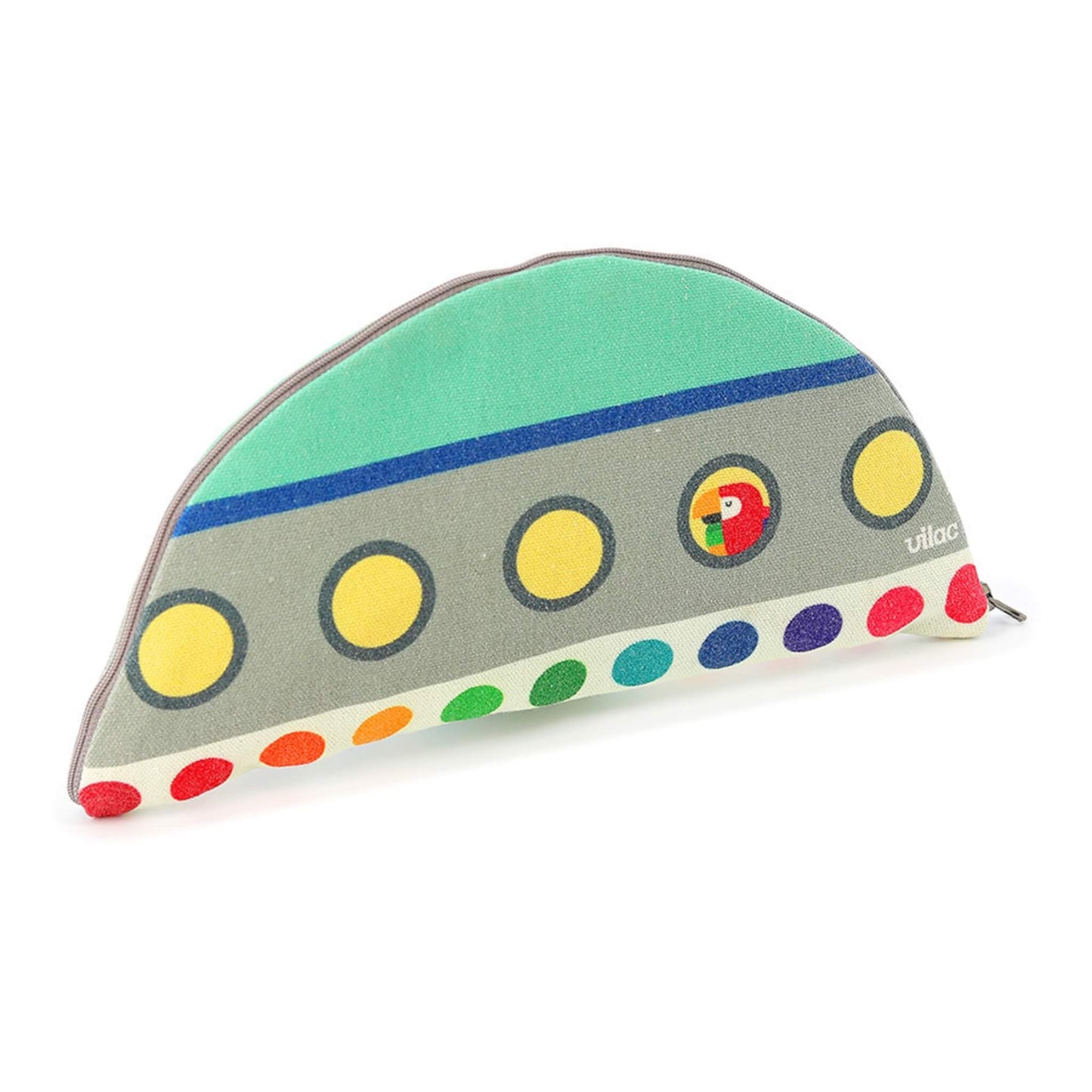 A half-moon shaped fabric case with colourful printed spaceship design and zipper closure.