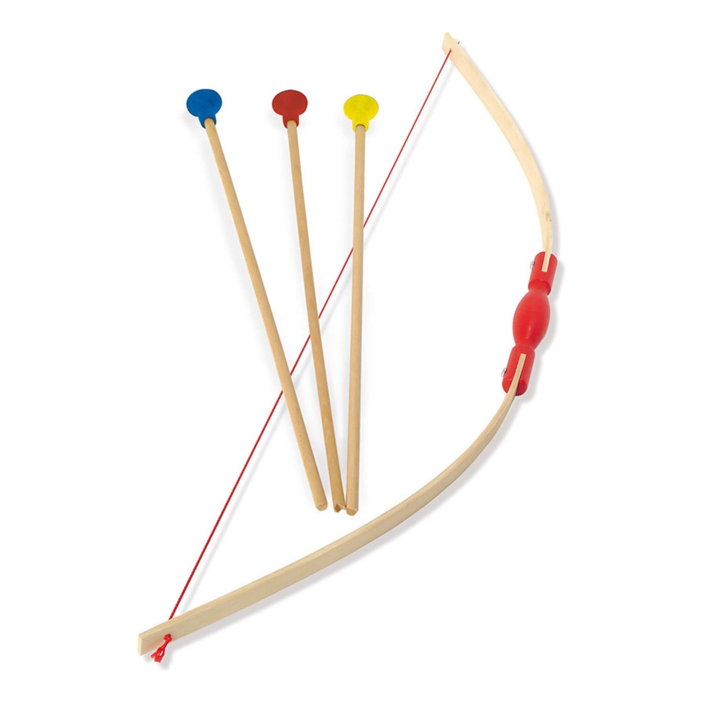 Vilac Bow and Arrows and Target Kit featuring a wooden bow with red handle and string, and three wooden arrows with coloured rubber tips in blue, red, and yellow.