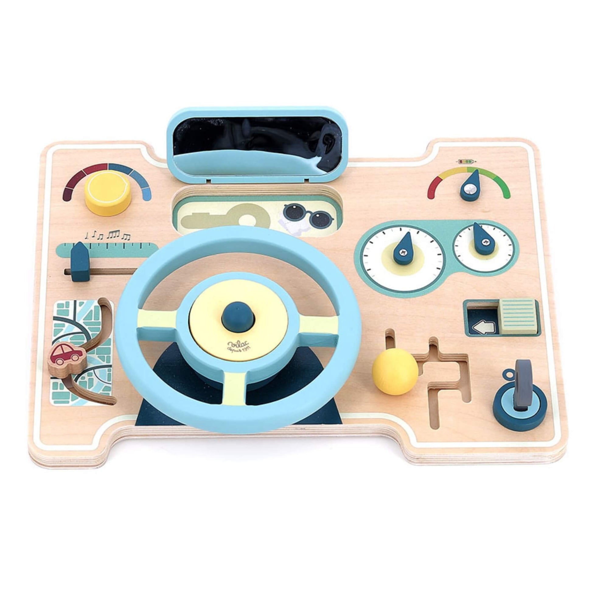 Vilac Car Activity Busy Board wooden dashboard toy with steering wheel, gear lever, dials and interactive controls in soft pastel colours.