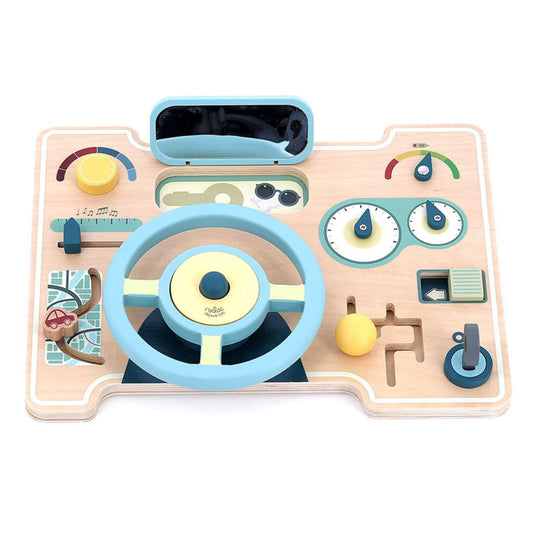 Vilac Car Activity Busy Board wooden dashboard toy with steering wheel, gear lever, dials and interactive controls in soft pastel colours.