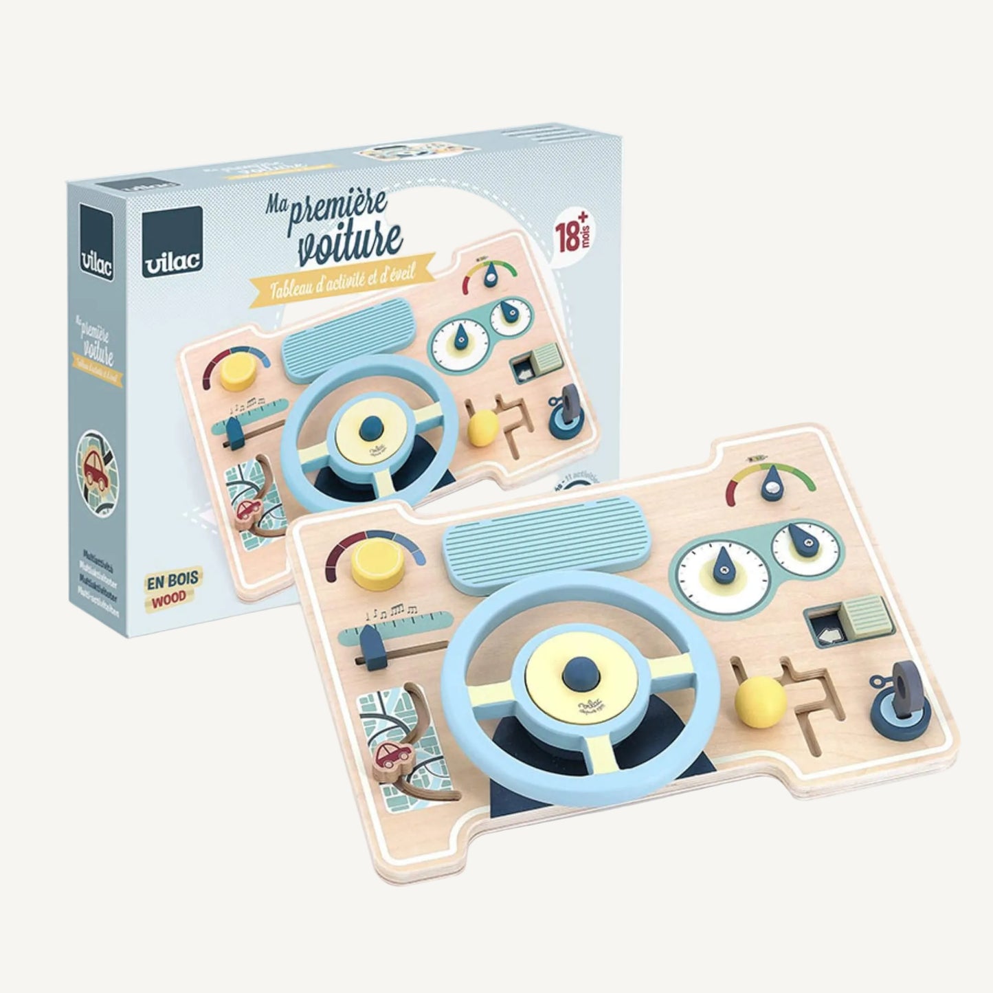 Packaging box showing wooden car activity board with illustrated dashboard features including wheel, gauges and interactive controls.