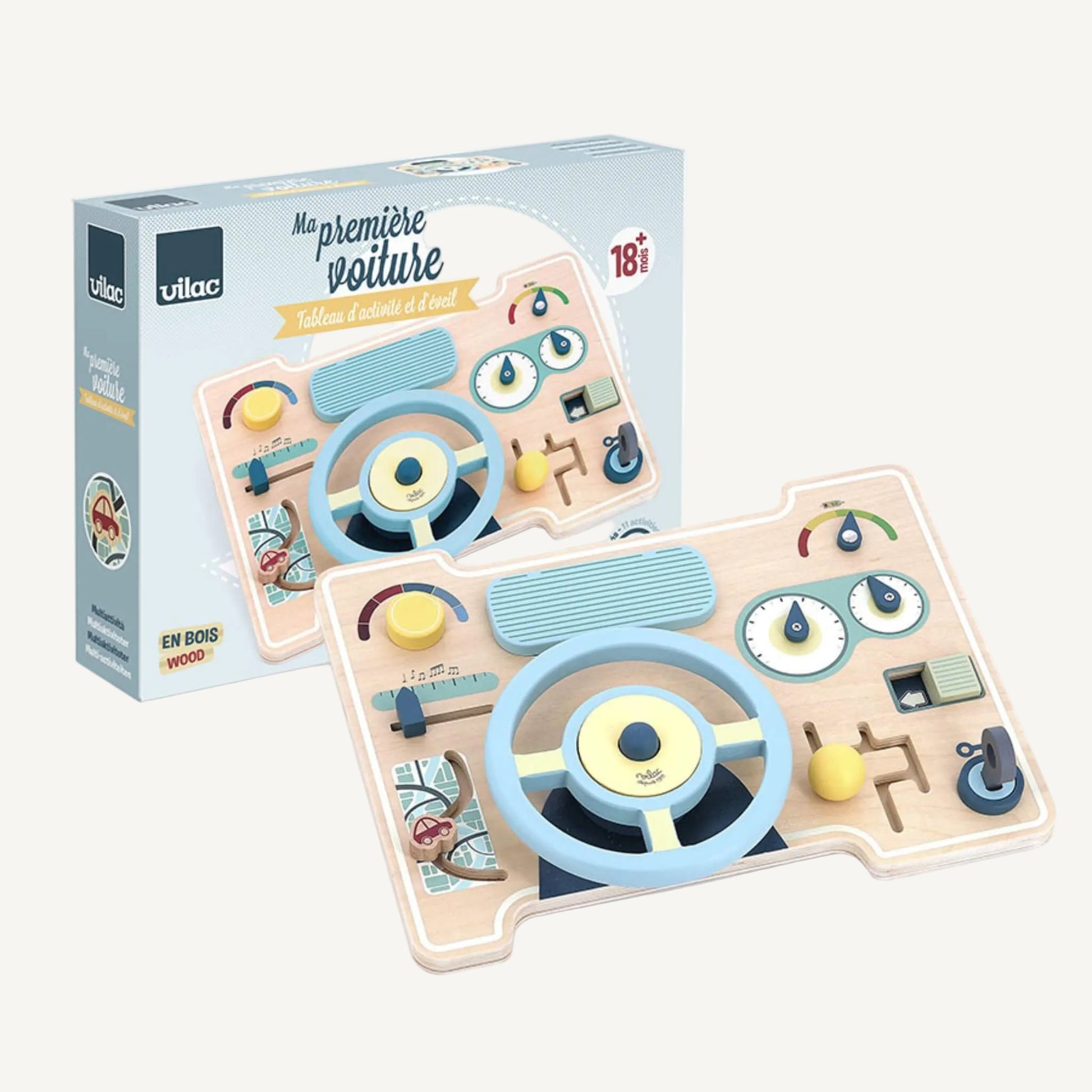 Packaging box showing wooden car activity board with illustrated dashboard features including wheel, gauges and interactive controls.