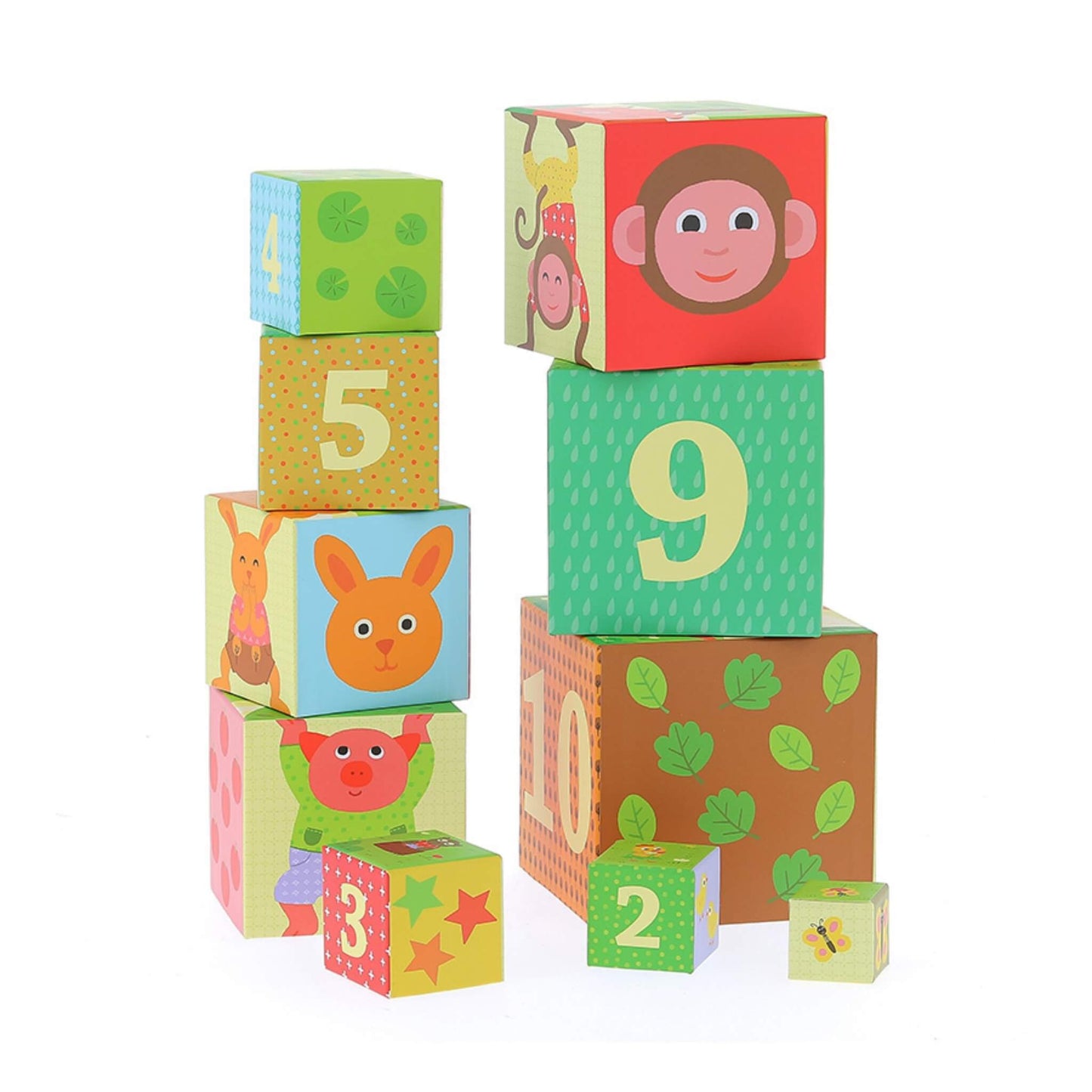 Vilac Cardboard Nesting Cubes featuring a colourful set of ten stacking blocks with animal illustrations and numbers from 1 to 10.