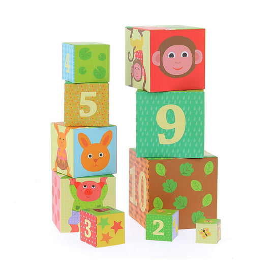 Vilac Cardboard Nesting Cubes featuring a colourful set of ten stacking blocks with animal illustrations and numbers from 1 to 10.