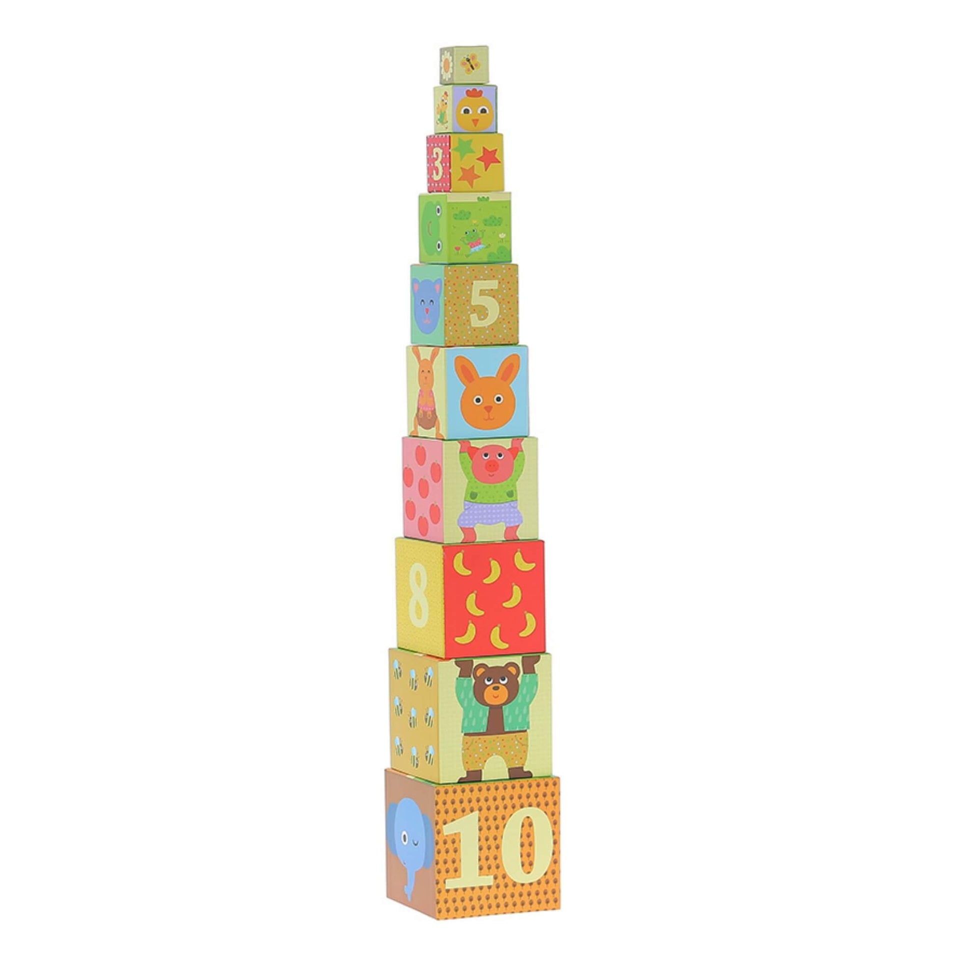 A tall tower of ten stacked cardboard cubes, each decorated with numbers, animals, and patterns.