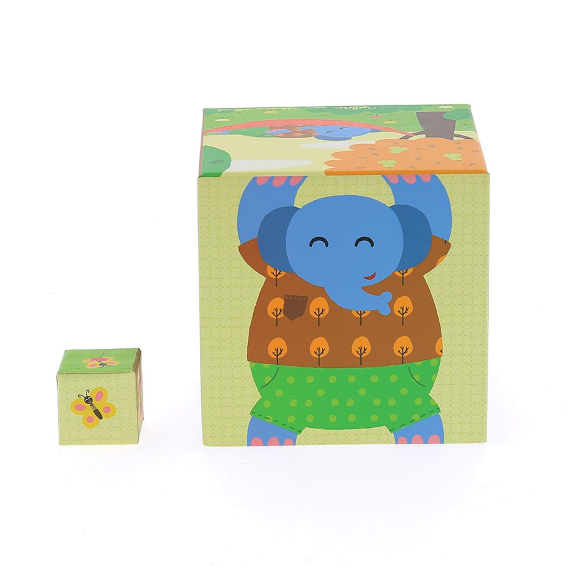 A small cube with a butterfly illustration placed beside a larger cube showing a smiling elephant in a brown and green outfit.