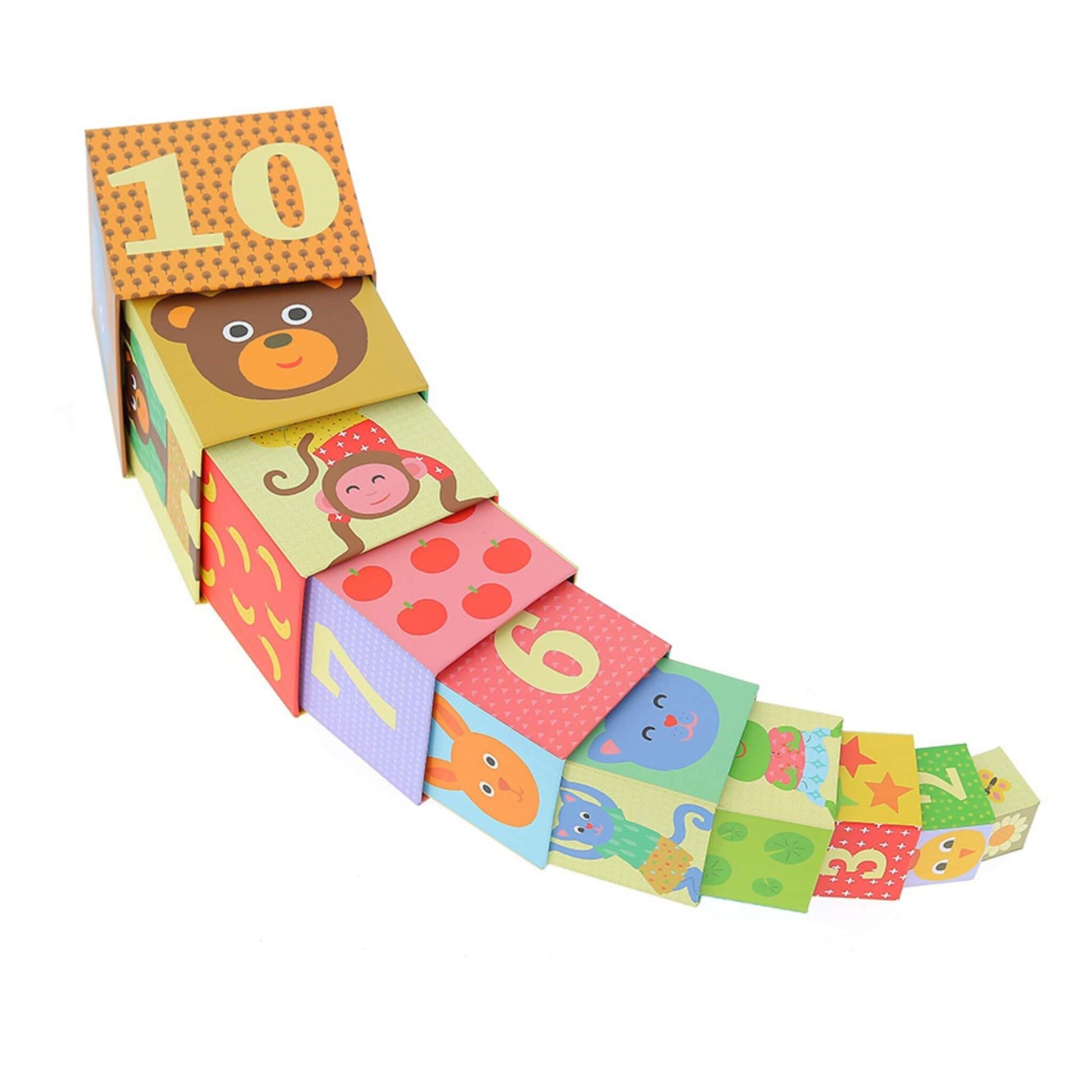 Ten cardboard cubes arranged in a curve, with the largest cube numbered 10 and decorated with a bear, and smaller cubes featuring various numbers and animal designs.