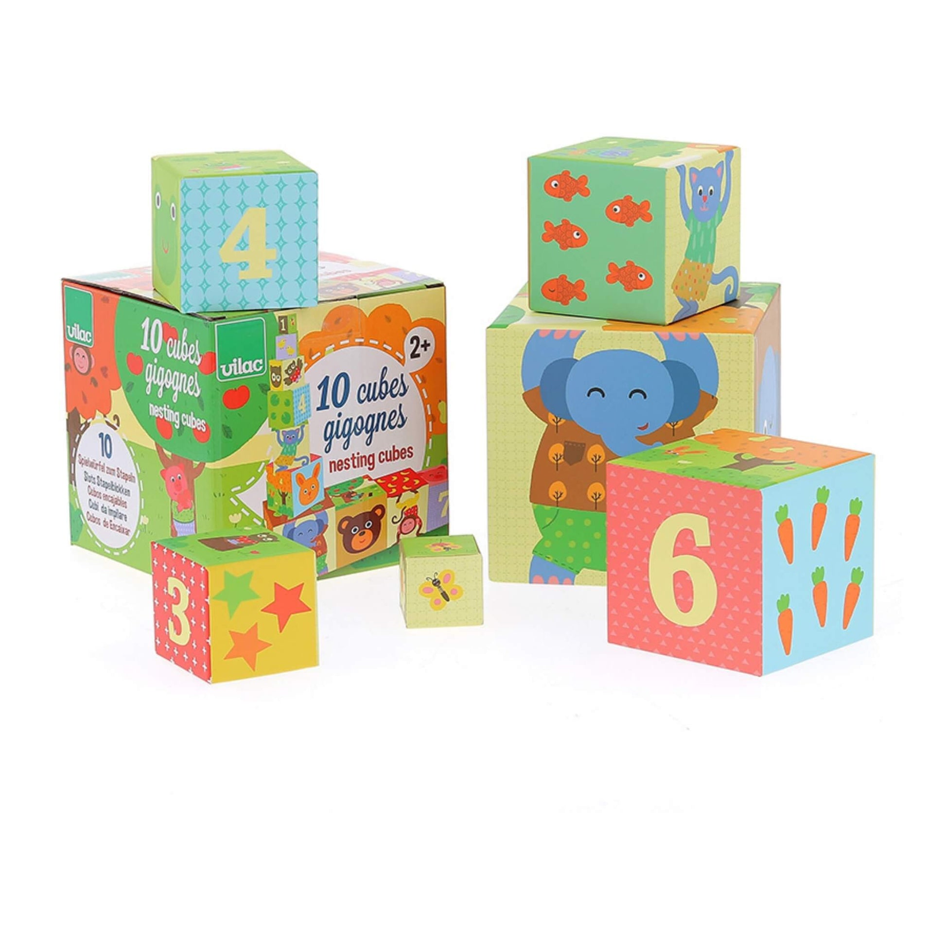 A small retail box displaying colourful illustrations of animals and the text “10 cubes gigognes nesting cubes.”