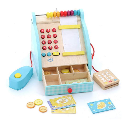 Vilac wooden cash register toy shown open with colourful bead abacus, numbered keypad, receipt roll, and pull-out drawer containing play money.