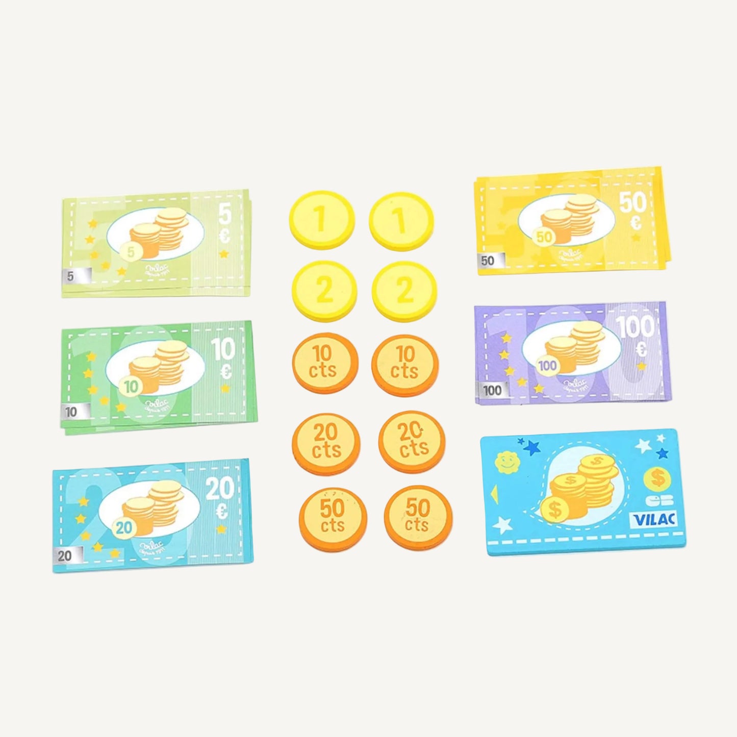 A flat lay of wooden play money including illustrated banknotes and round coins marked with numbers and cent values.