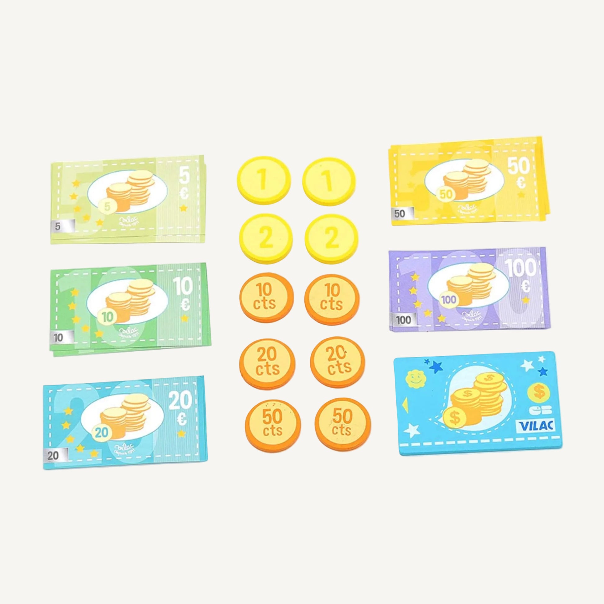 A flat lay of wooden play money including illustrated banknotes and round coins marked with numbers and cent values.