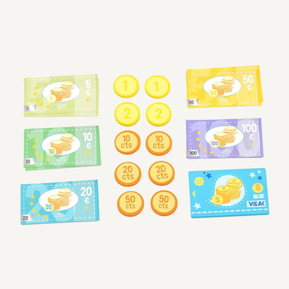A flat lay of wooden play money including illustrated banknotes and round coins marked with numbers and cent values.
