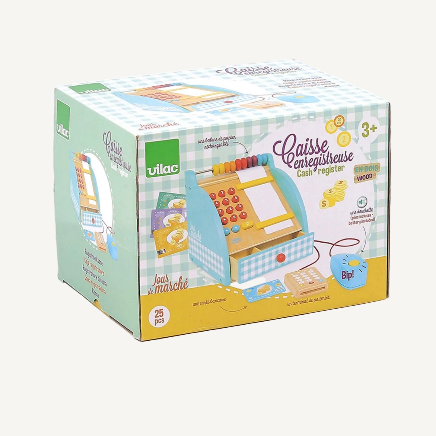 Product packaging box showing illustrated cash register toy, accessories, age guidance, and wooden construction details.